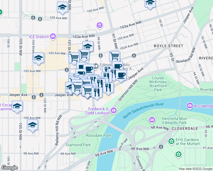 map of restaurants, bars, coffee shops, grocery stores, and more near 9925 Jasper Avenue in Edmonton