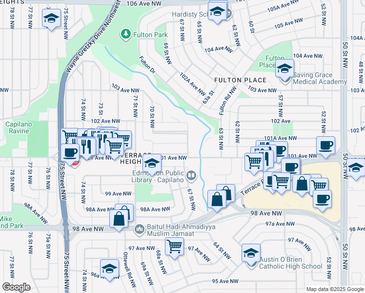 map of restaurants, bars, coffee shops, grocery stores, and more near 6717 101A Avenue Northwest in Edmonton