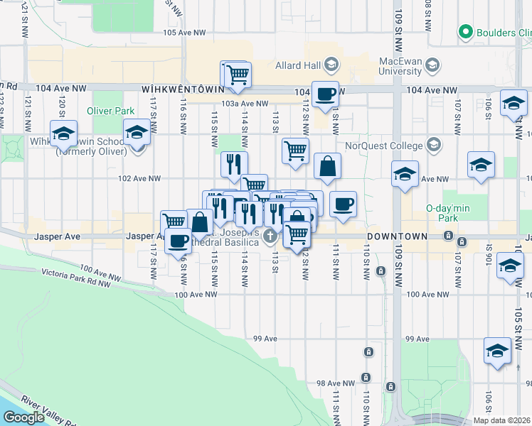 map of restaurants, bars, coffee shops, grocery stores, and more near 10140 113 Street in Edmonton