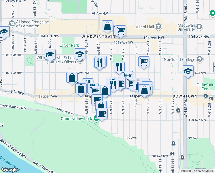 map of restaurants, bars, coffee shops, grocery stores, and more near in Edmonton