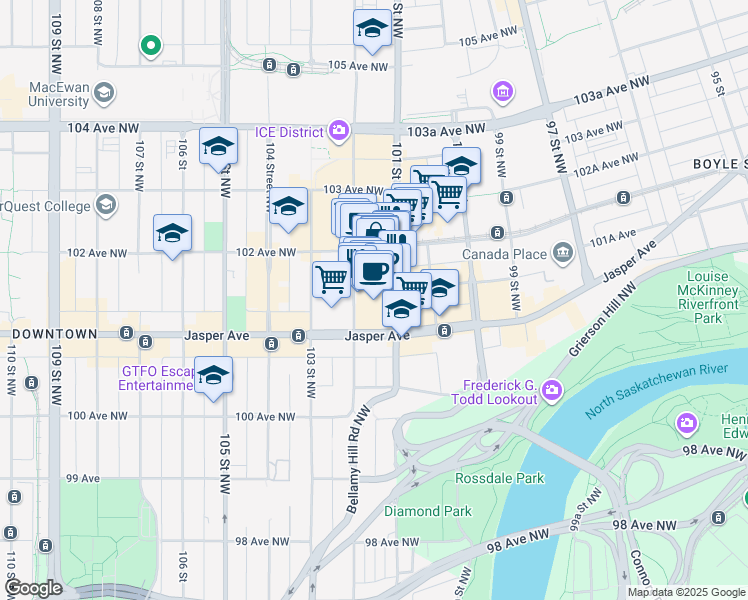 map of restaurants, bars, coffee shops, grocery stores, and more near 10155 102 Street Northwest in Edmonton