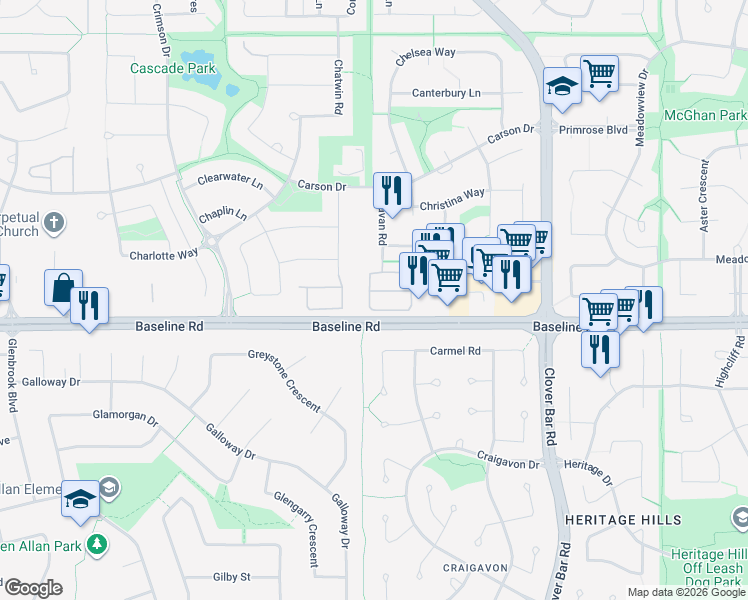 map of restaurants, bars, coffee shops, grocery stores, and more near 40 Cavan Road in Sherwood Park