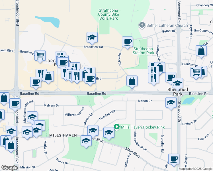 map of restaurants, bars, coffee shops, grocery stores, and more near 650 Bethel Drive in Sherwood Park