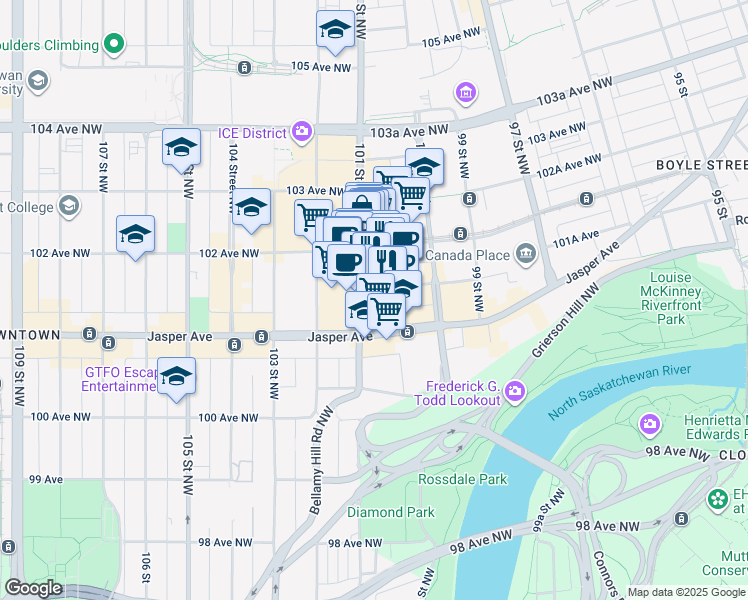 map of restaurants, bars, coffee shops, grocery stores, and more near in Edmonton