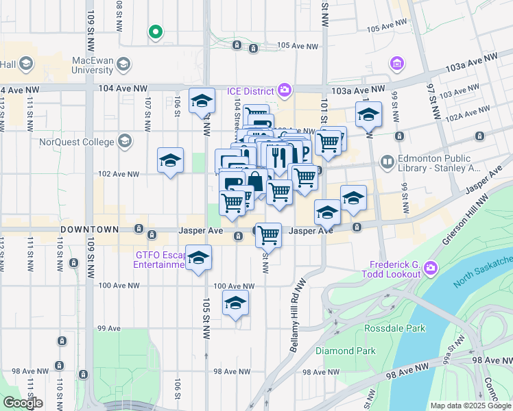 map of restaurants, bars, coffee shops, grocery stores, and more near 10160 103 Street Northwest in Edmonton