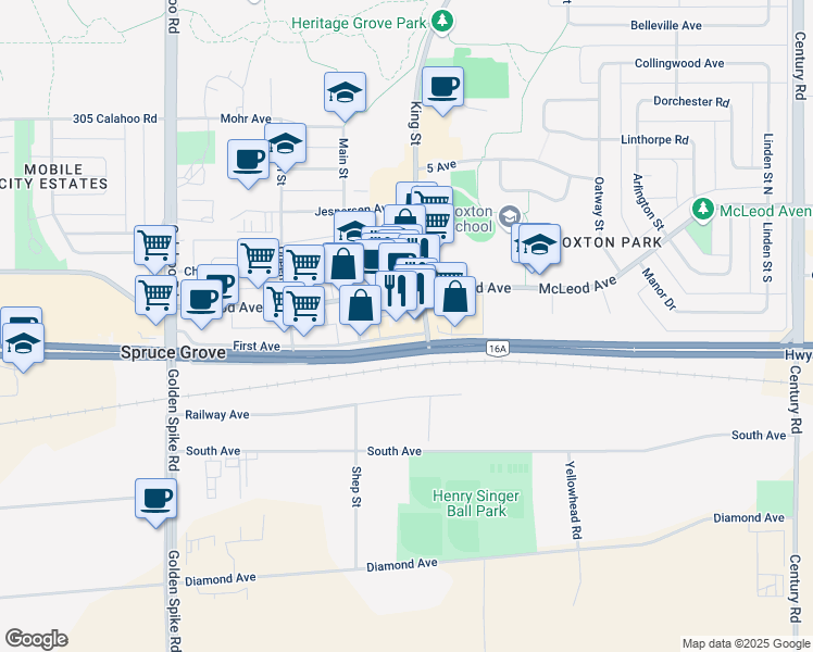 map of restaurants, bars, coffee shops, grocery stores, and more near 2-322 McLeod Avenue in Spruce Grove
