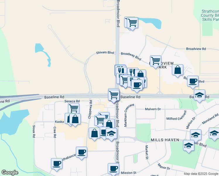 map of restaurants, bars, coffee shops, grocery stores, and more near in Sherwood Park