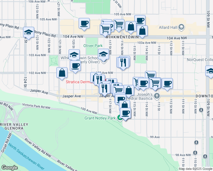map of restaurants, bars, coffee shops, grocery stores, and more near 10153 117 Street Northwest in Edmonton