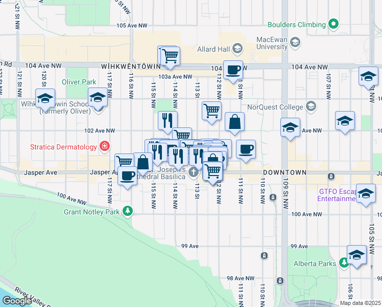 map of restaurants, bars, coffee shops, grocery stores, and more near 10140 113 Street Northwest in Edmonton