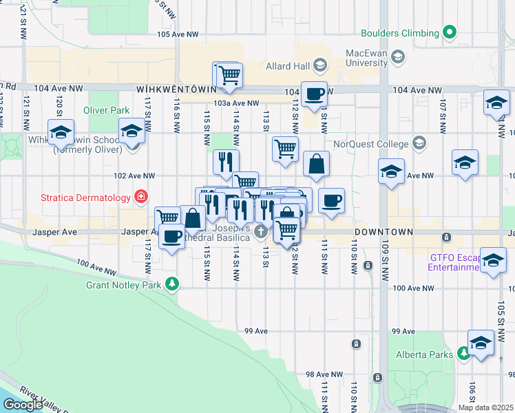 map of restaurants, bars, coffee shops, grocery stores, and more near 10140 113 Street in Edmonton