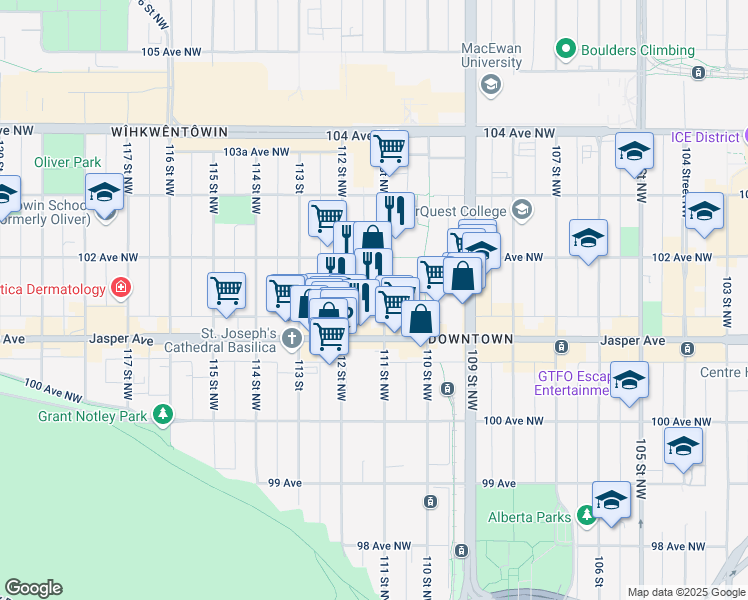 map of restaurants, bars, coffee shops, grocery stores, and more near 10138 111 Street Northwest in Edmonton