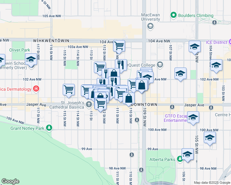 map of restaurants, bars, coffee shops, grocery stores, and more near 10138 111 Street Northwest in Edmonton