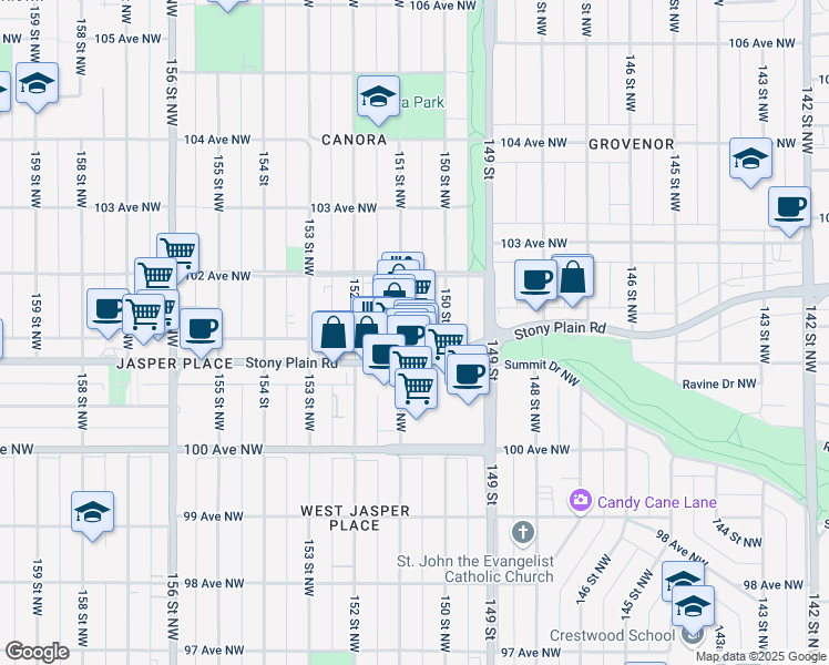 map of restaurants, bars, coffee shops, grocery stores, and more near 10116 150 Street Northwest in Edmonton