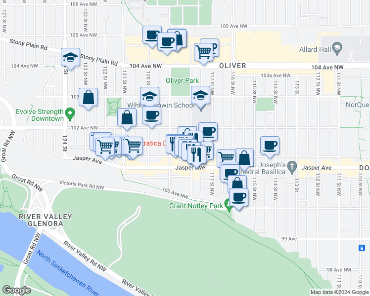 map of restaurants, bars, coffee shops, grocery stores, and more near 10148 118 Street Northwest in Edmonton