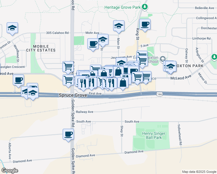 map of restaurants, bars, coffee shops, grocery stores, and more near 201 McLeod Avenue in Spruce Grove