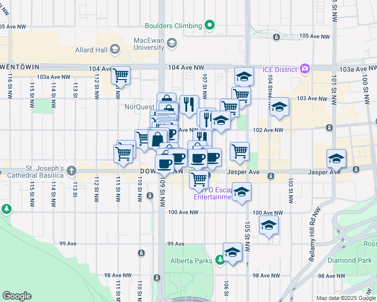 map of restaurants, bars, coffee shops, grocery stores, and more near 10147 108 Street Northwest in Edmonton