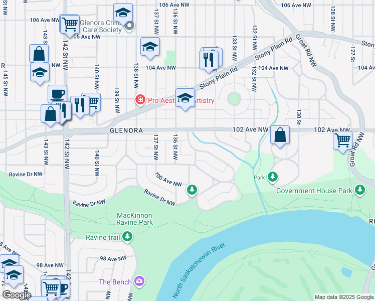 map of restaurants, bars, coffee shops, grocery stores, and more near 8 Saint Georges Crescent Northwest in Edmonton