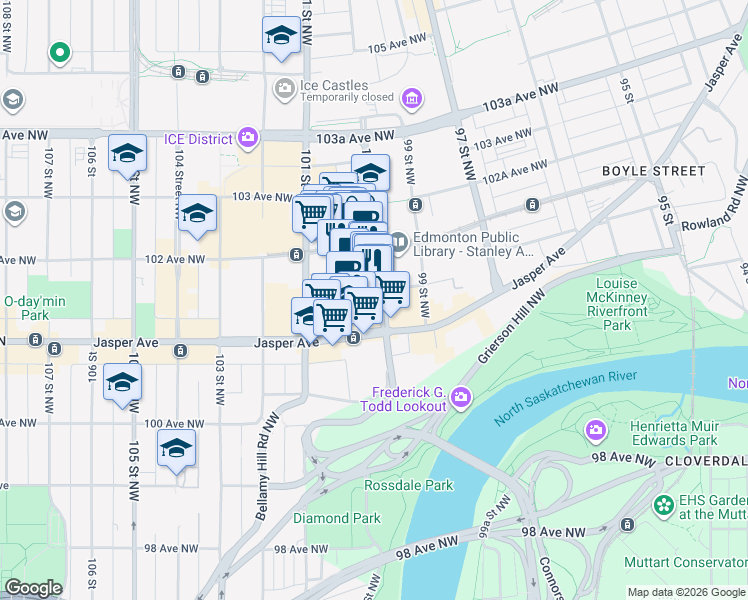 map of restaurants, bars, coffee shops, grocery stores, and more near in Edmonton