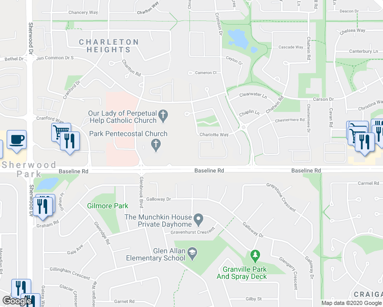 map of restaurants, bars, coffee shops, grocery stores, and more near 111 Charlotte Way in Sherwood Park