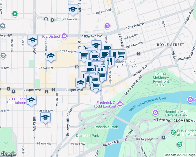 map of restaurants, bars, coffee shops, grocery stores, and more near in Edmonton