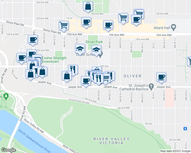 map of restaurants, bars, coffee shops, grocery stores, and more near 10171 119 Street Northwest in Edmonton