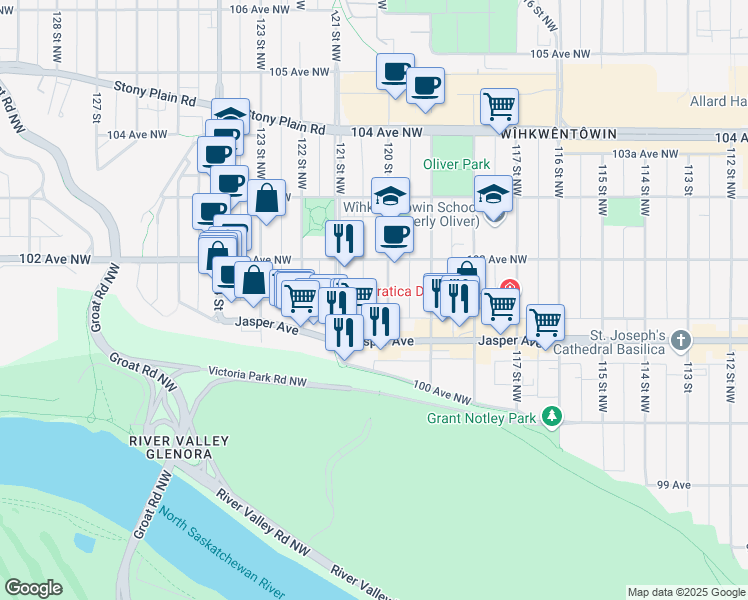 map of restaurants, bars, coffee shops, grocery stores, and more near 10170 120 Street in Edmonton