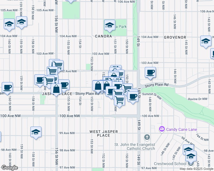 map of restaurants, bars, coffee shops, grocery stores, and more near in Edmonton