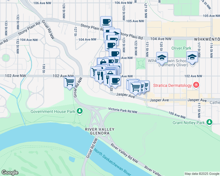 map of restaurants, bars, coffee shops, grocery stores, and more near 10126 124 Street in Edmonton