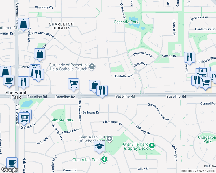 map of restaurants, bars, coffee shops, grocery stores, and more near 111 Charlotte Way in Sherwood Park