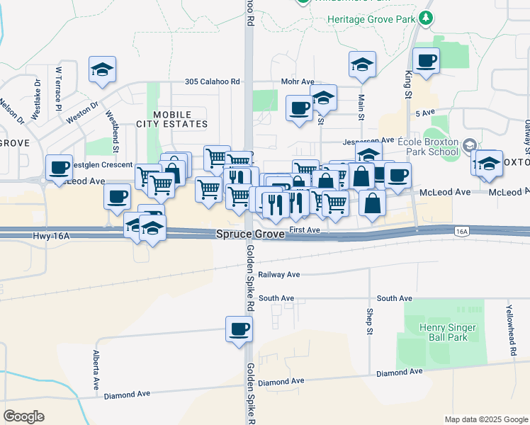 map of restaurants, bars, coffee shops, grocery stores, and more near 108 McLeod Avenue in Spruce Grove