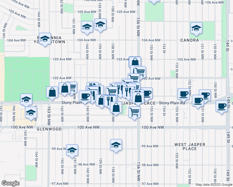 map of restaurants, bars, coffee shops, grocery stores, and more near 10139 158 Street Northwest in Edmonton