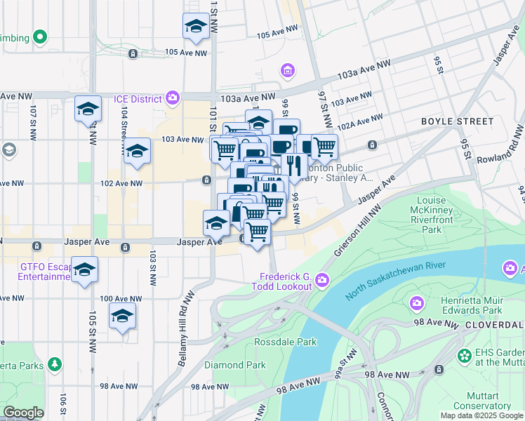 map of restaurants, bars, coffee shops, grocery stores, and more near 9924 101A Avenue in Edmonton