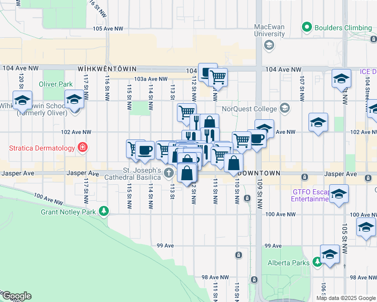 map of restaurants, bars, coffee shops, grocery stores, and more near 10160 112 Street Northwest in Edmonton