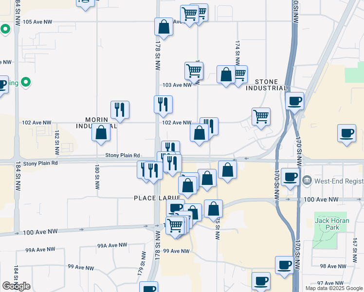 map of restaurants, bars, coffee shops, grocery stores, and more near 17610 Stony Plain Road Northwest in Edmonton