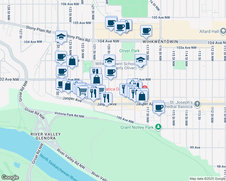 map of restaurants, bars, coffee shops, grocery stores, and more near 10172 119 Street Northwest in Edmonton