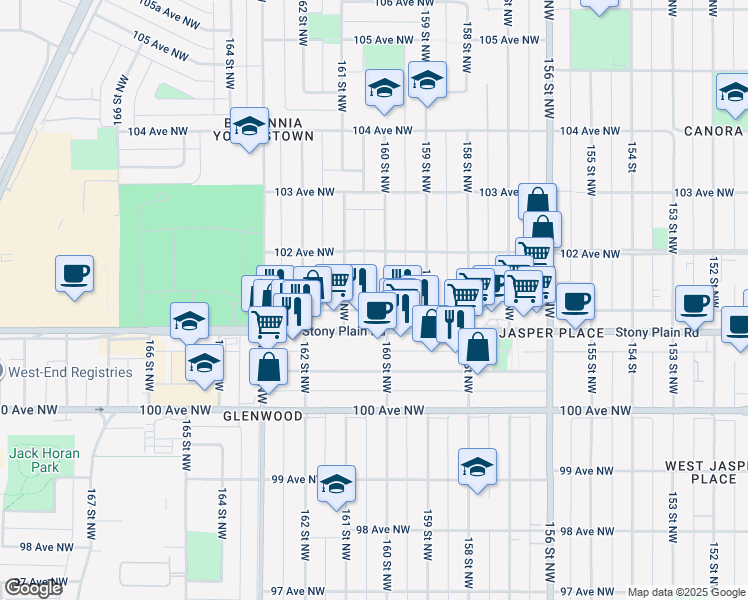 map of restaurants, bars, coffee shops, grocery stores, and more near 10136 160 Street Northwest in Edmonton
