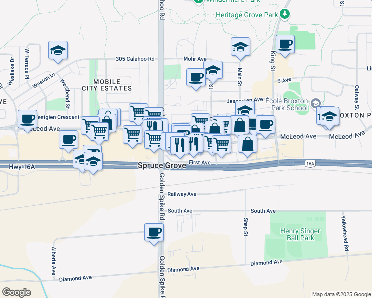 map of restaurants, bars, coffee shops, grocery stores, and more near 114 McLeod Avenue in Spruce Grove