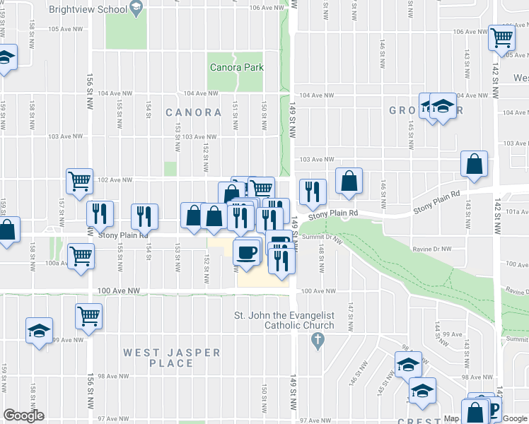 map of restaurants, bars, coffee shops, grocery stores, and more near 10150 150 Street Northwest in Edmonton