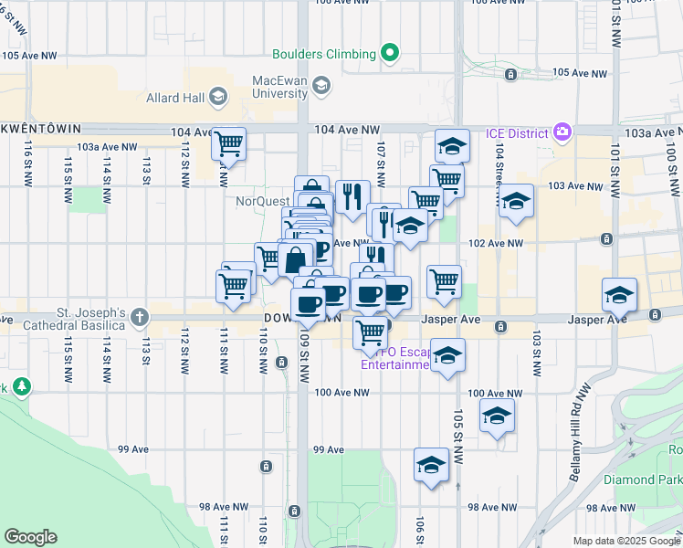 map of restaurants, bars, coffee shops, grocery stores, and more near 108 Street Northwest in Edmonton