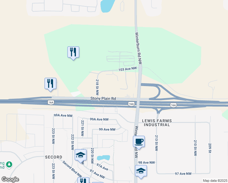 map of restaurants, bars, coffee shops, grocery stores, and more near 21640 Stony Plain Road Northwest in Edmonton