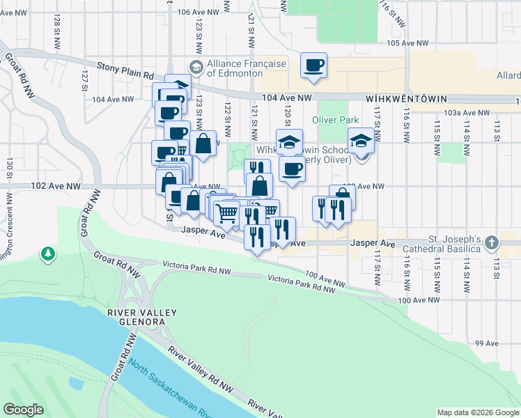 map of restaurants, bars, coffee shops, grocery stores, and more near 10145 121 Street Northwest in Edmonton