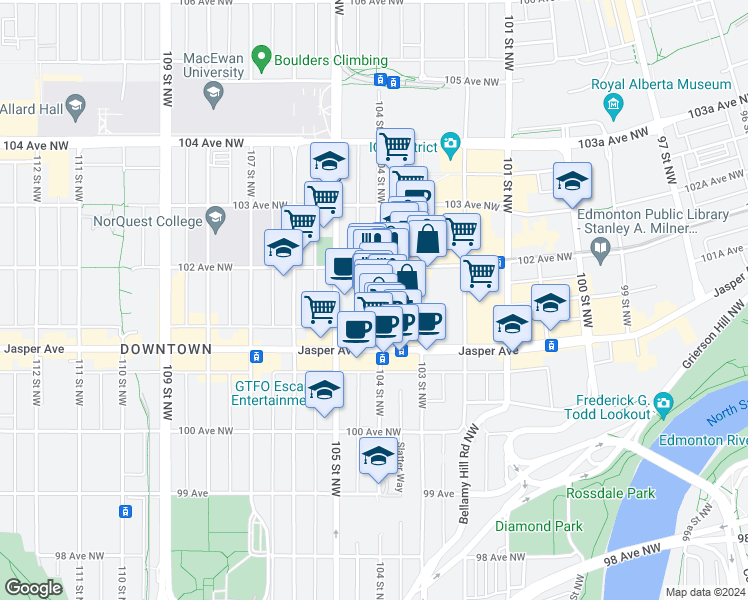 map of restaurants, bars, coffee shops, grocery stores, and more near 10136 104 Street Northwest in Edmonton