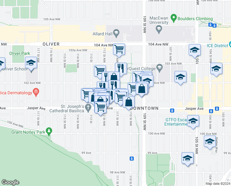 map of restaurants, bars, coffee shops, grocery stores, and more near 10138 111 Street Northwest in Edmonton