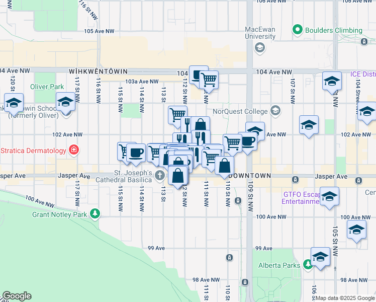 map of restaurants, bars, coffee shops, grocery stores, and more near 10160-10196 112 Street Northwest in Edmonton