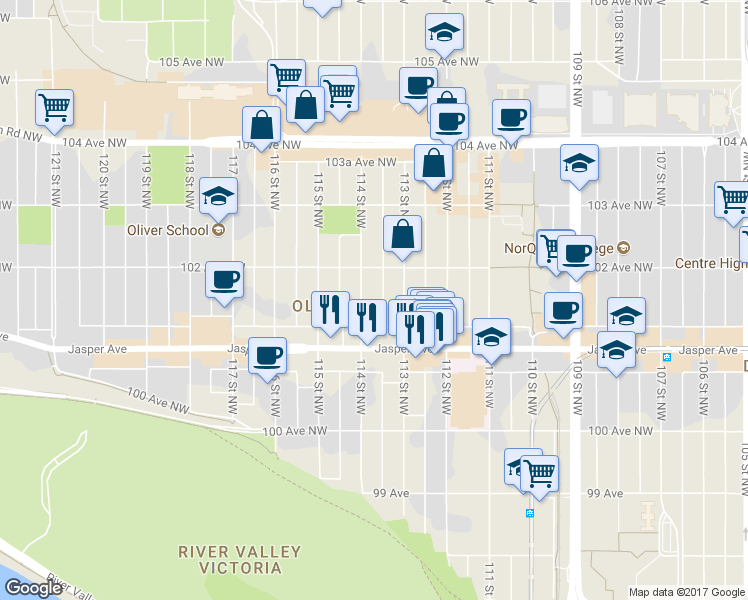 map of restaurants, bars, coffee shops, grocery stores, and more near 10175 114 Street Northwest in Edmonton