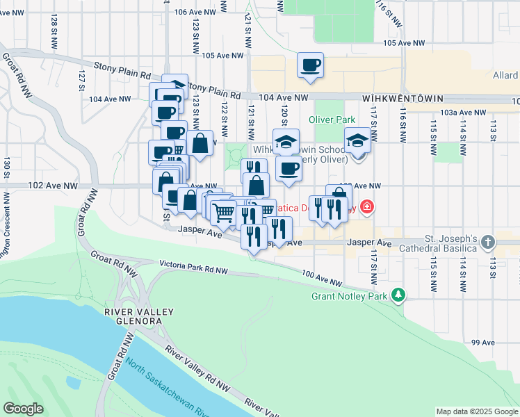 map of restaurants, bars, coffee shops, grocery stores, and more near in Edmonton