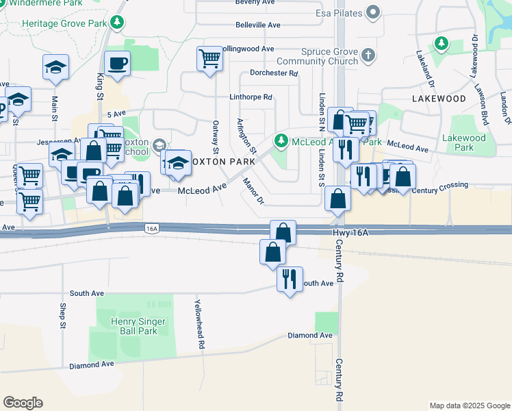 map of restaurants, bars, coffee shops, grocery stores, and more near in Spruce Grove