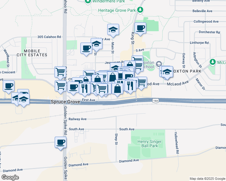 map of restaurants, bars, coffee shops, grocery stores, and more near in Spruce Grove