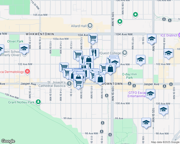 map of restaurants, bars, coffee shops, grocery stores, and more near 10138 111 Street Northwest in Edmonton