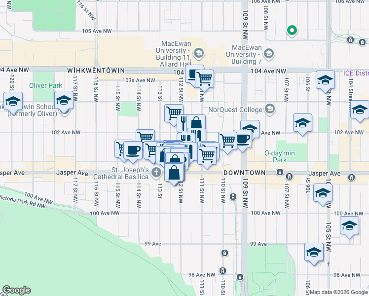 map of restaurants, bars, coffee shops, grocery stores, and more near 10170 112 Street Northwest in Edmonton
